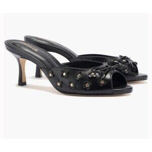 Larroude Jasmine Black Studded Leather Mule Size 8 Peep Toe Heel Slip-On